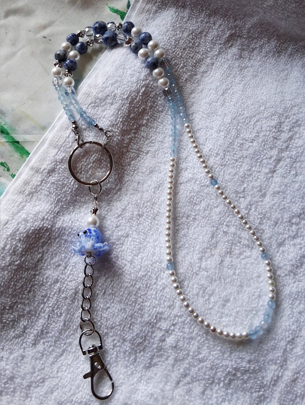 Landyard Necklace Pearl and Blue Bead with Crystal Accent Handmade